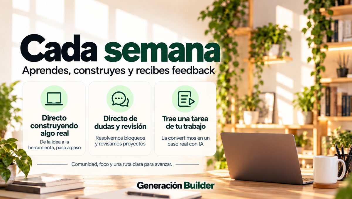 Cada semana en Generación Builder: directo construyendo algo real, directo de dudas y revisión, y trae una tarea de tu trabajo