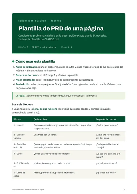 Primera página del recurso PRD de una página